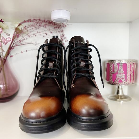 Alexander McQueen Plain Toe Combat Boots Brown Burnt Orange Leather Men Size 9.5 - Picture 2 of 13